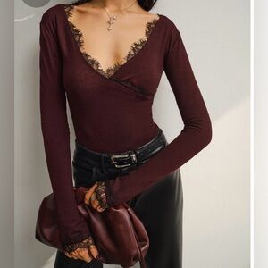 New Commense Long Sleeve Lace Trim Shirt Burgundy Medium